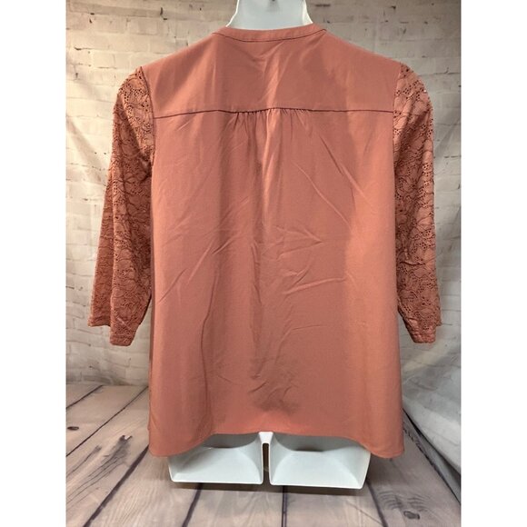 D&Co Womens Size Large Button Front Shirt Knit Lace 3/4 Sleeves Rose Pink Top - Picture 4 of 9